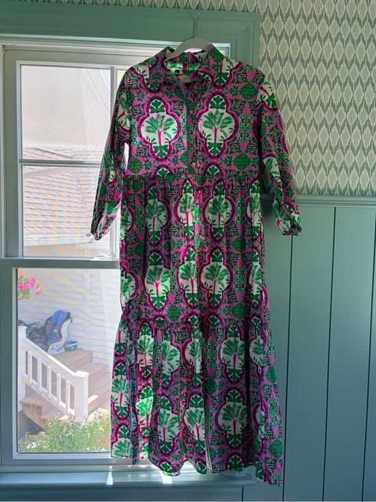 Anthropologie Dresses & Skirts - ANTHROPOLOGIE BETTINA TIERED SHIRT DRESS Pink Green Palm Print Size XS